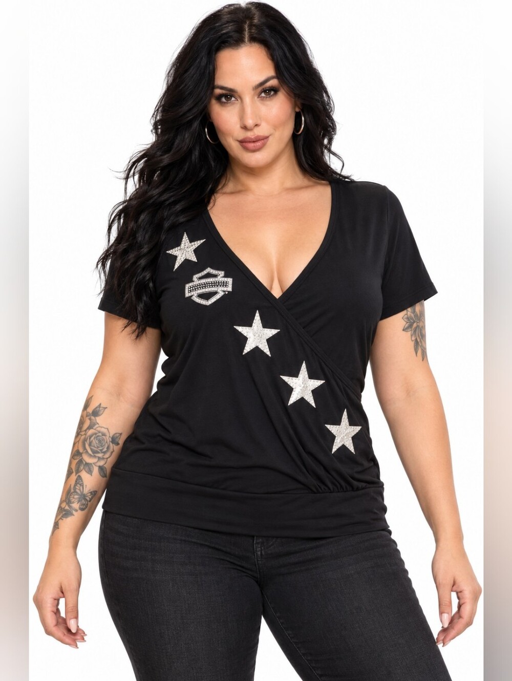 Harley-Davidson 1XL Black Silver Star Studded Faux Wrap V-Neck Biker Top NWT